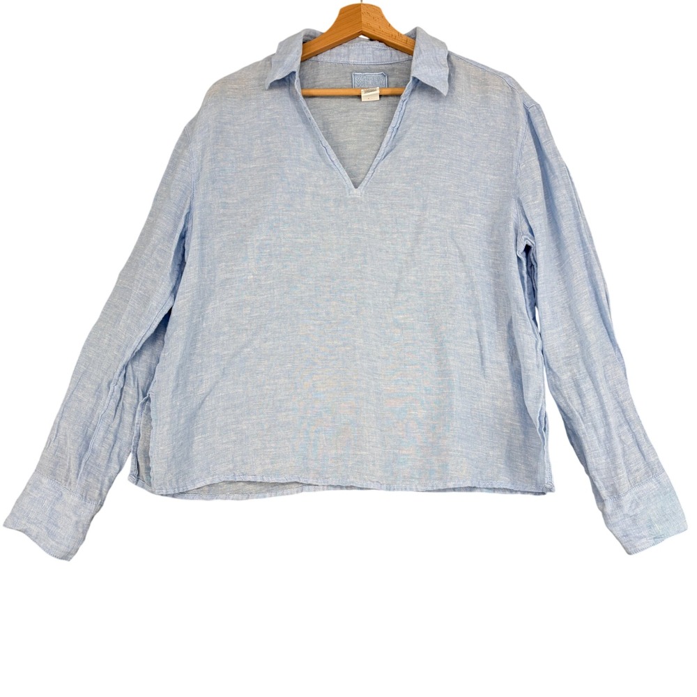 Sigrid Olsen Women Medium Light Blue 100% Linen V-Neck Pullover Top Long Sleeve